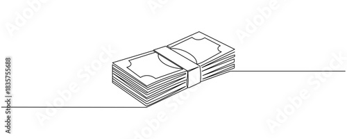 bundles of money, cash, banknotes, dollars, euro one line art, a stack of paper money, cash, banknotes, dollars, in one line. Continuous line drawing of dollars, Single continuous line drawing money. 