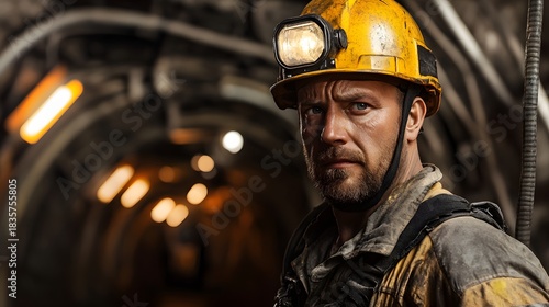 A resilient miner stands in a dimly lit tunnel, showcasing determination and hard work. The atmosphere captures the essence of underground labor and the challenges faced daily.
