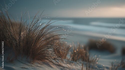 Coastal Serenity: Coastal grass is adorned with glistening water droplets, waves crash gently in the distance under a dusky sky, evoking tranquility. 
