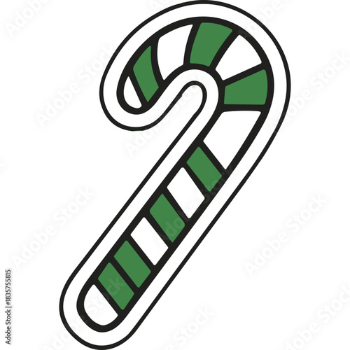Green and White Striped Candy Cane with Black Outline and White Border on Black Background