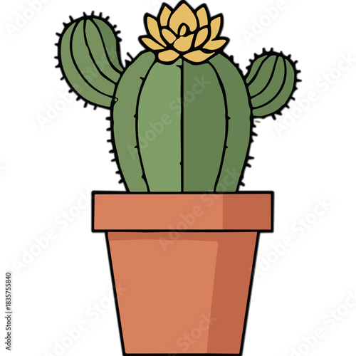 Green Barrel Cactus With Yellow Flower Blooming In Terracotta Pot Flat Design Isolated On Black Background
