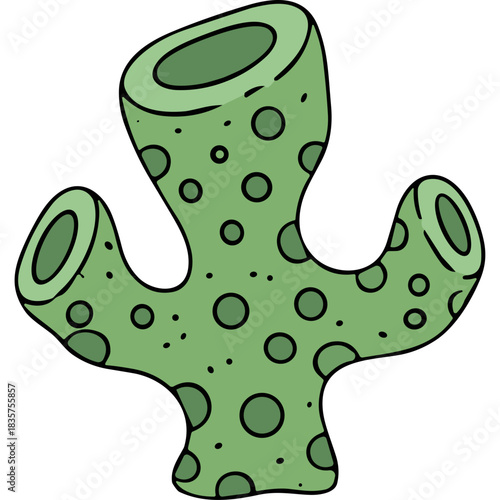 Green Branching Coral With Dark Circles On Black Background Simple Illustration