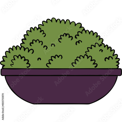 Green Bush Plant in a Dark Purple Oval Pot Isolated on a Black Background Simple Stylized Illustration