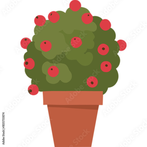 Green Bush With Red Berries In Terracotta Pot Isolated On Black Background With Simple Flat Design Style