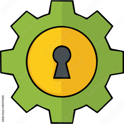 Green Gear With Yellow Circle And Black Keyhole Icon On A Black Background With Flat Design Style