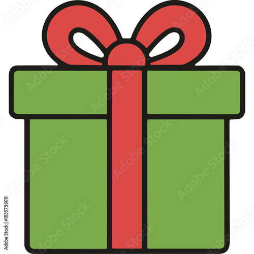 Green Gift Box Tied With A Red Ribbon And Bow Icon Simple Flat Illustration With Black Outline Isolated On Black Background