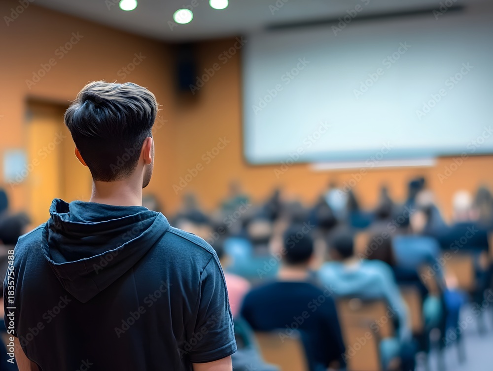 Fototapeta premium A young man attentively observes a presentation in a seminar hall, surrounded by an engaged audience. Learning and networking thrive.