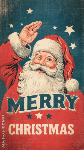 Vintage style illustration of Santa Claus saluting with a distressed texture, featuring stars and MERRY CHRISTMAS text. Concept of retro holiday greeting and patriotism