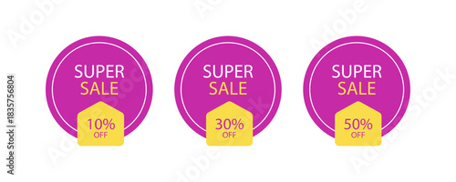 Purple and yellow discount tags showing percentage-off deals