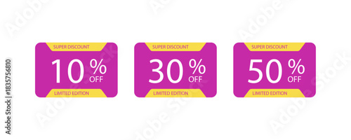 Purple and yellow discount tags showing percentage-off deals