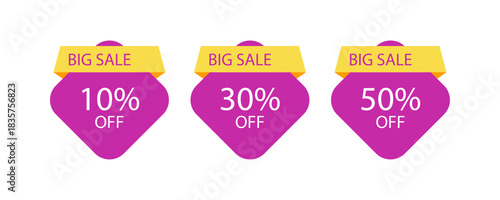 Purple and yellow discount tags showing percentage-off deals