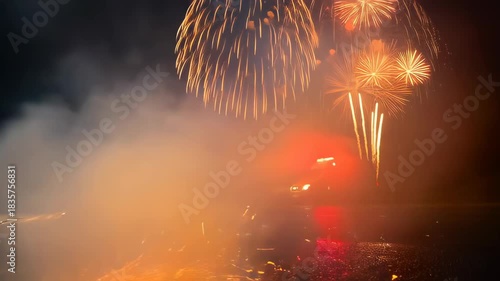 fireworks illuminating night sky with police car on an emergency call near the celebration
