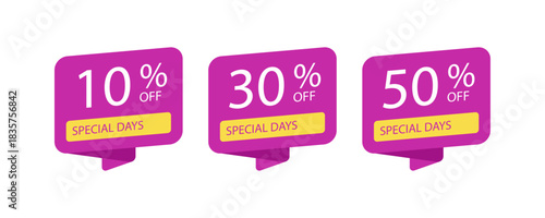 Purple and yellow discount tags showing percentage-off deals