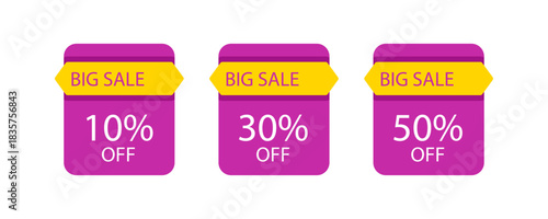 Purple and yellow discount tags showing percentage-off deals