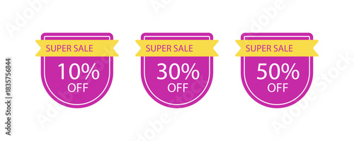 Purple and yellow discount tags showing percentage-off deals