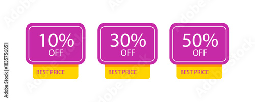 Purple and yellow discount tags showing percentage-off deals