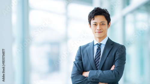 オフィスに立つ日本人男性のビジネスポートレート