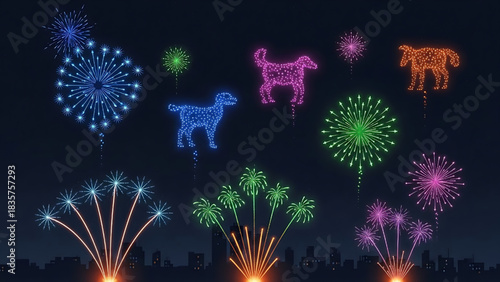 Festive Animal Fireworks Display at Night Celebration Concept