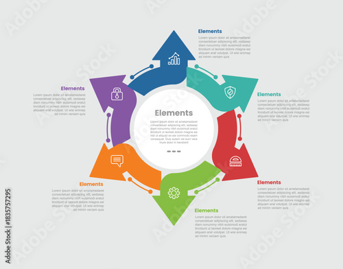 6 elements infographic comparison diagram with smooth arrow cycle circular move with sharp pointy edge with dot line style 6 step for slide presentation