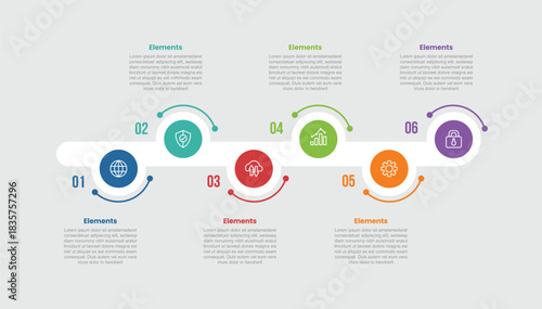 6 elements infographic comparison diagram with small circle on horizontal line up and down with dot line style 6 step for slide presentation