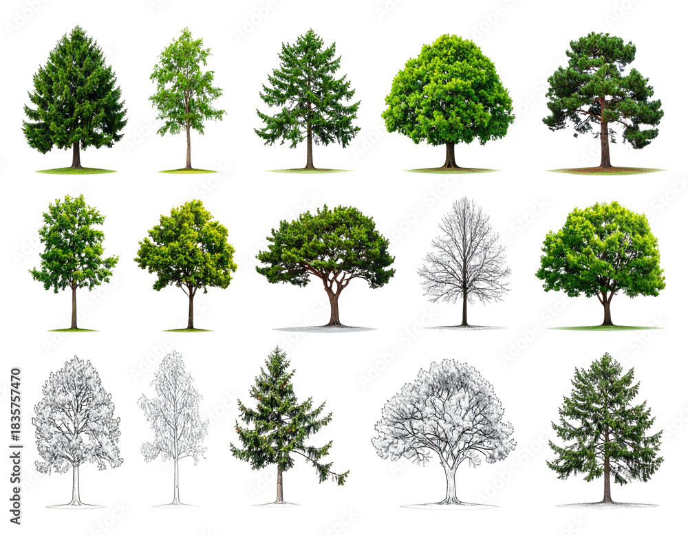 Fototapeta premium Assorted tree illustrations showcasing diverse shapes, foliage, and artistic styles