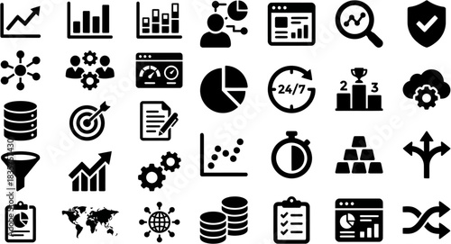 Data analysis tools displayed as black silhouettes on a white backdrop representing business intelligence and analytical processes for strategic planning.