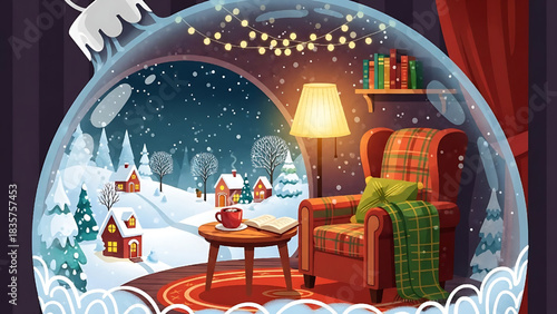 Cozy Christmas Scene in a Snow Globe Winter Holiday Illustration