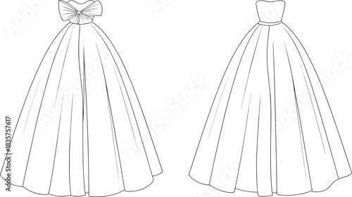 Elegant bridal gown sketch collection featuring strapless ball gown dresses with bow detail, flowing skirt lines, fashion design outline illustration