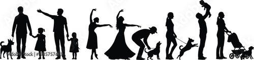Family silhouettes with parents children pets walking dancing playing and interacting in lifestyle poses, vector illustration for design and decoration