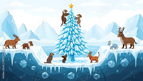 Festive Arctic Animals Decorating Christmas Tree in Winter Wonderland