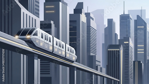 Futuristic Cityscape Monorail System: Modern Urban Transportation