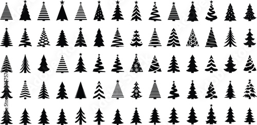 Large collection of Christmas tree silhouettes with decorative designs, festive holiday icon set, winter pine shapes, modern Christmas graphic elements