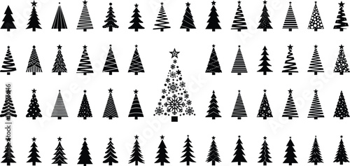 Huge collection of Christmas tree icons with decorative patterns, festive holiday silhouettes, winter pine tree designs, modern decorative Christmas elements