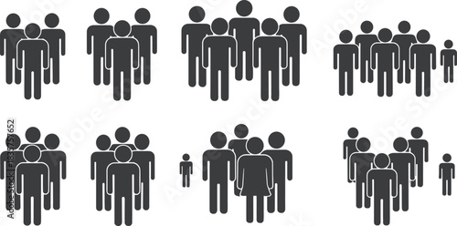 Minimal crowd group icon set showing diverse people silhouettes in various formations, simple flat vector illustration for community and teamwork concepts