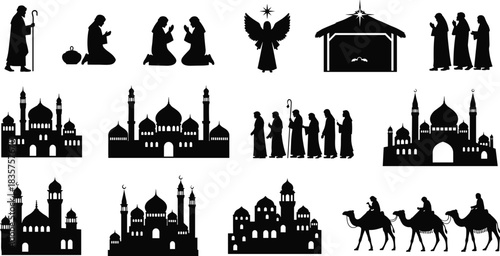 Religious silhouettes of praying people, angels, nativity scene, mosques and camels, traditional Middle Eastern worship and cultural illustration vector set