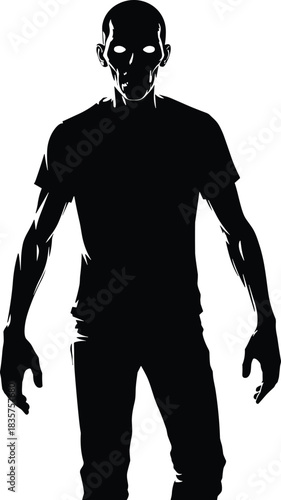 Silhouette creepy humanoid creature with glowing eyes representing horror character, zombie concept, dark fantasy figure and scary Halloween illustration on white background