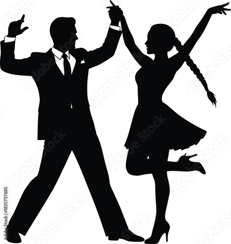 Silhouette couple dancing in elegant pose representing ballroom performance, romantic movement, dance partnership, artistic expression and energetic choreography on white background
