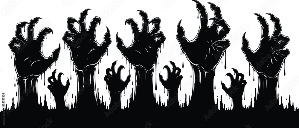 Fototapeta premium Silhouette zombie hands rising from ground with dripping texture representing horror attack scene, Halloween illustration, undead creatures and scary spooky artwork design