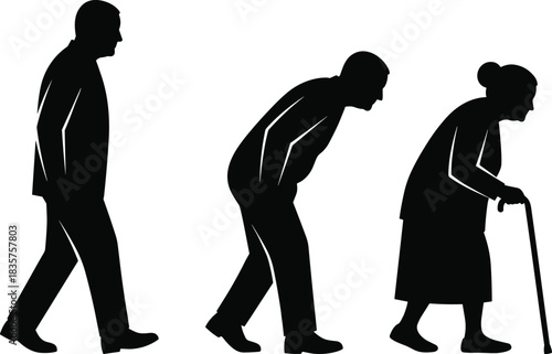 Silhouette progression of aging from adult to elderly showing physical decline, mobility difficulty, senior support needs and human lifespan transition concept illustration