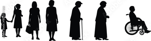 Silhouette showing woman aging from childhood to adulthood and senior years illustrating life stages, growth, aging process, mobility support and elderly care