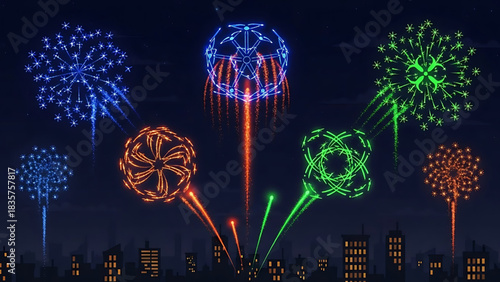 Festive Fireworks Display Over City Skyline at Night Celebration