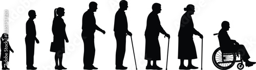 Silhouette progression of human aging from childhood to elderly showing life stages, physical decline, senior mobility challenges and end-of-life transition concept