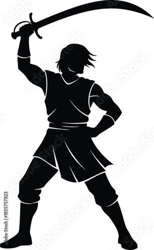 Warrior silhouette holding sword in dynamic battle pose, heroic fighter stance vector illustration for fantasy design, martial arts and action themes