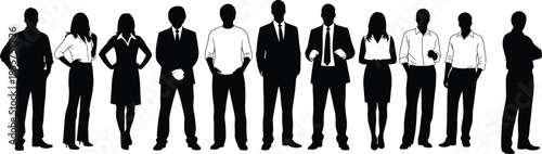 Silhouettes of diverse business people standing together in professional attire, teamwork leadership office staff illustration for corporate and workplace design