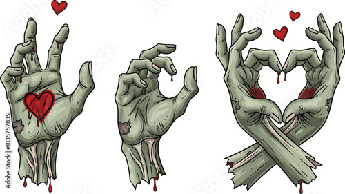 Zombie hands forming love symbols with hearts and dripping wounds creating humorous horror artwork perfect for Halloween designs, undead romance illustration concept