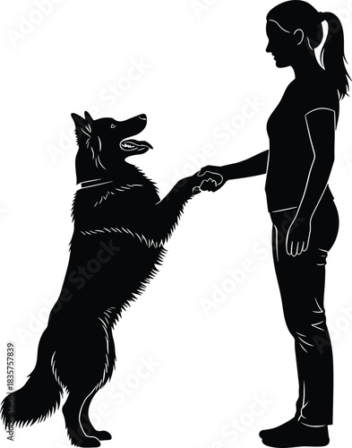 Woman training dog silhouette, pet obediently giving paw, owner teaching trick, human and canine interaction, animal behavior training vector illustration