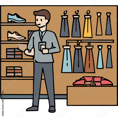 Man In A Clothing Store Holding A Card Standing Next To Display Racks Of Ties And Shelves With Shoes And Folded Clothes