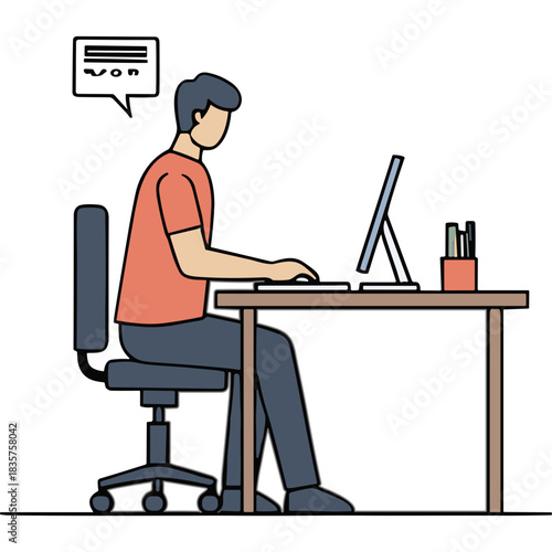 Man In An Orange T-shirt And Blue Jeans Sitting At A Desk Typing On A Computer With A Pen Holder On The Right Side In A Minimalist Setting