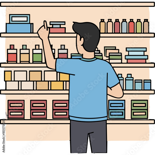 Man in light blue t shirt choosing items from shelves in a store with various bottles and boxes displayed in a brightly lit environment