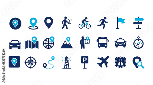 Collection of location and travel symbols representing navigation and transportation options for tourists and travelers on a white backdrop.
